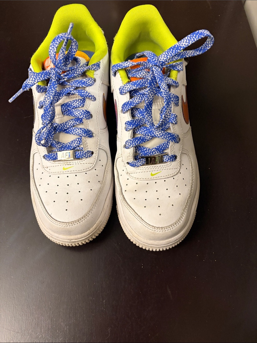 Nike Kids White Sneakers with Orange holographic Swoosh and Neon Green Lining